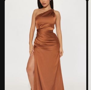 Brown One Shoulder Long Satin Dress